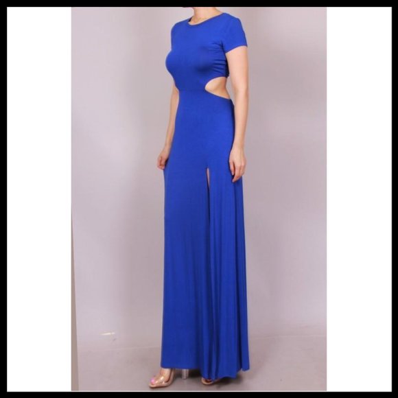 NWT Maxi Dress with Cut Out Back Thigh Split Blue - Picture 3 of 6